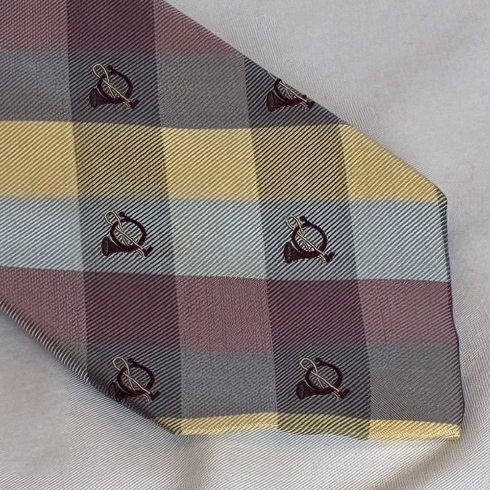 Briar Necktie Plaid Hunting Horn Silk Hand Fashioned Preppy Equestrian Ivy